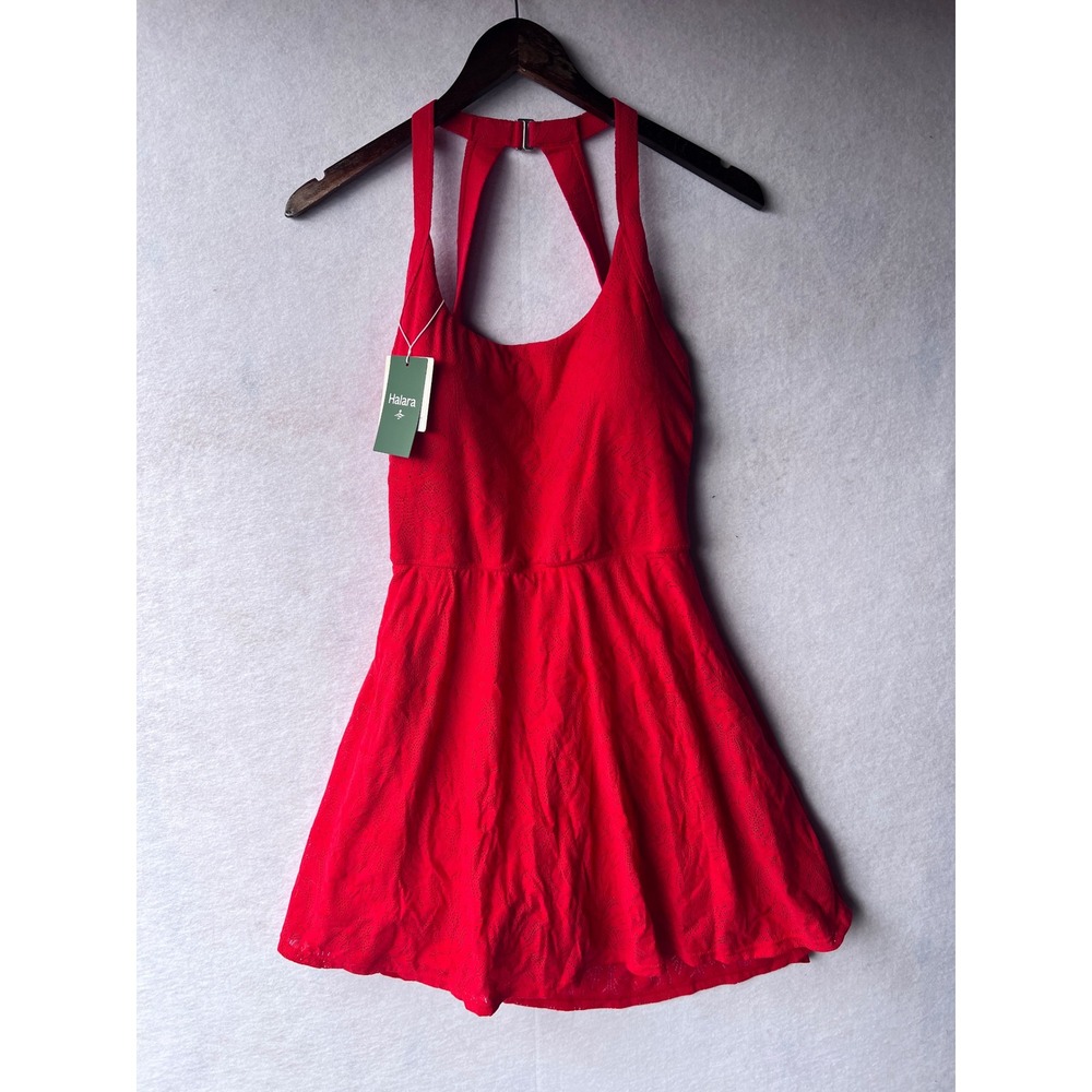 Halara Red Eyelet Halter Active Dress Open Back Built-in Bra Athleisure Mini
